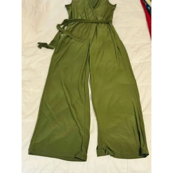 NY Collection Women's Olive Green Sleeveless Wrap Jumpsuit with Belt Size P/S - Picture 6 of 7